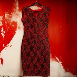 Dress NWT, Smashed Lemon stretch black lace over red underlayer bodycon sheath